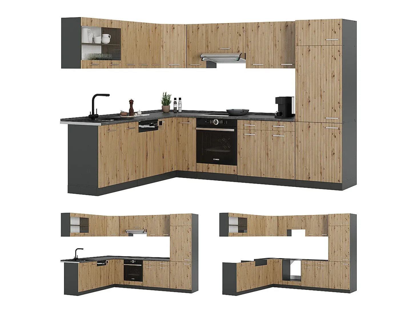 Cocina esquinera roble artesanal/antracita 287x60x81.6 r-line
