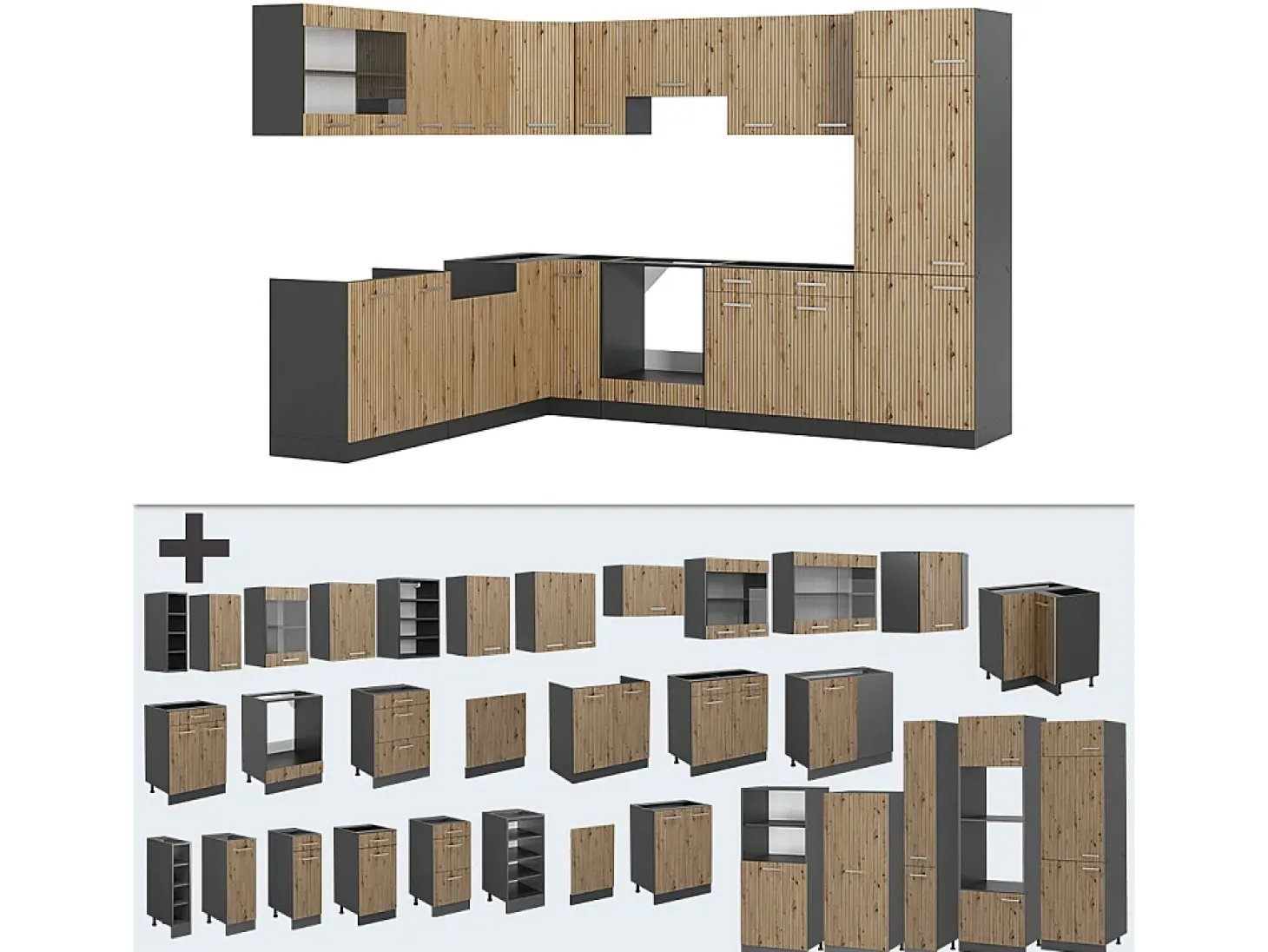 Cocina esquinera roble artesanal/antracita 287x60x81.6 r-line