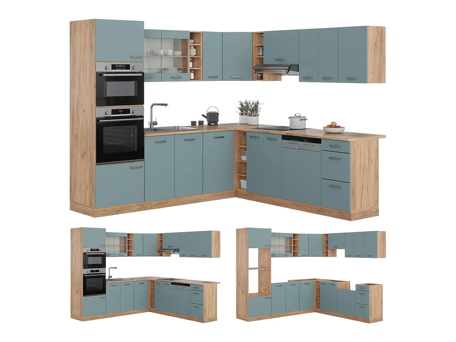 Cocina esquinera roble azul-gris-dorado 247x60x81.6 r-line