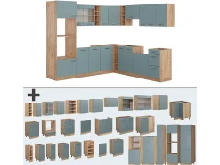 Cocina esquinera roble azul-gris-dorado 247x60x81.6 r-line