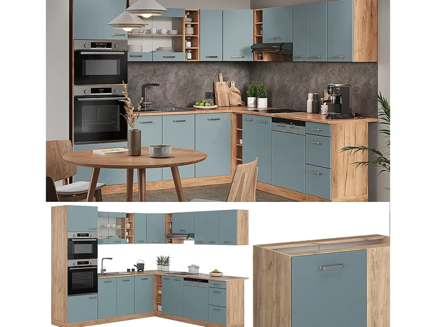 Cocina esquinera roble azul-gris-dorado 247x60x81.6 r-line
