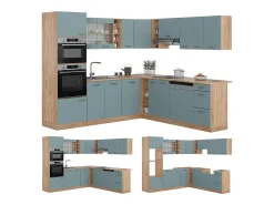 Cocina esquinera roble azul-gris-dorado 247x60x81.6 r-line