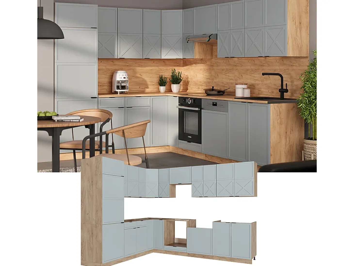 Cocina esquinera roble azul claro/gris dorado 227x60x81.6 fame-line