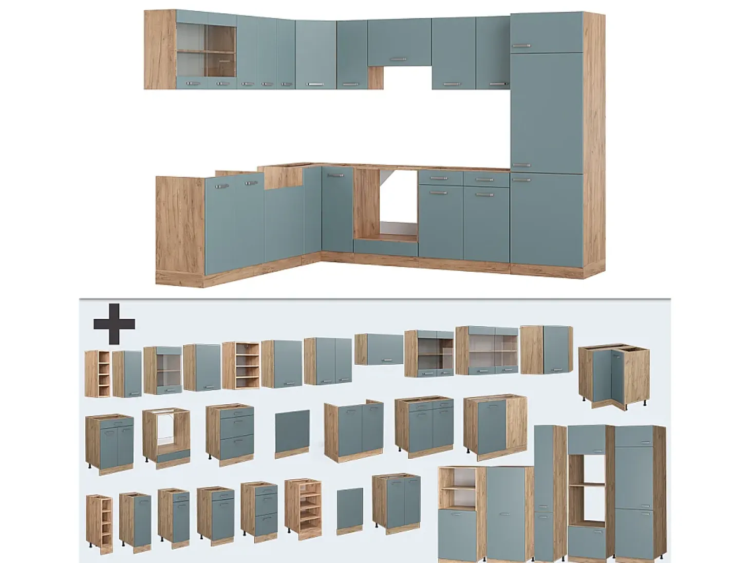Cocina esquinera roble azul-gris-dorado 287x60x81.6 r-line