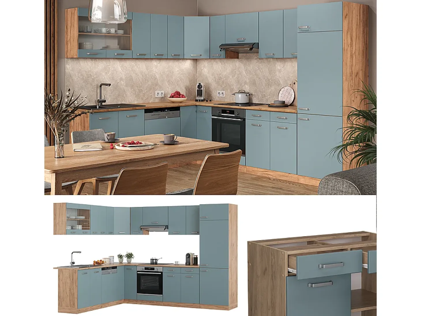 Cocina esquinera roble azul-gris-dorado 287x60x81.6 r-line