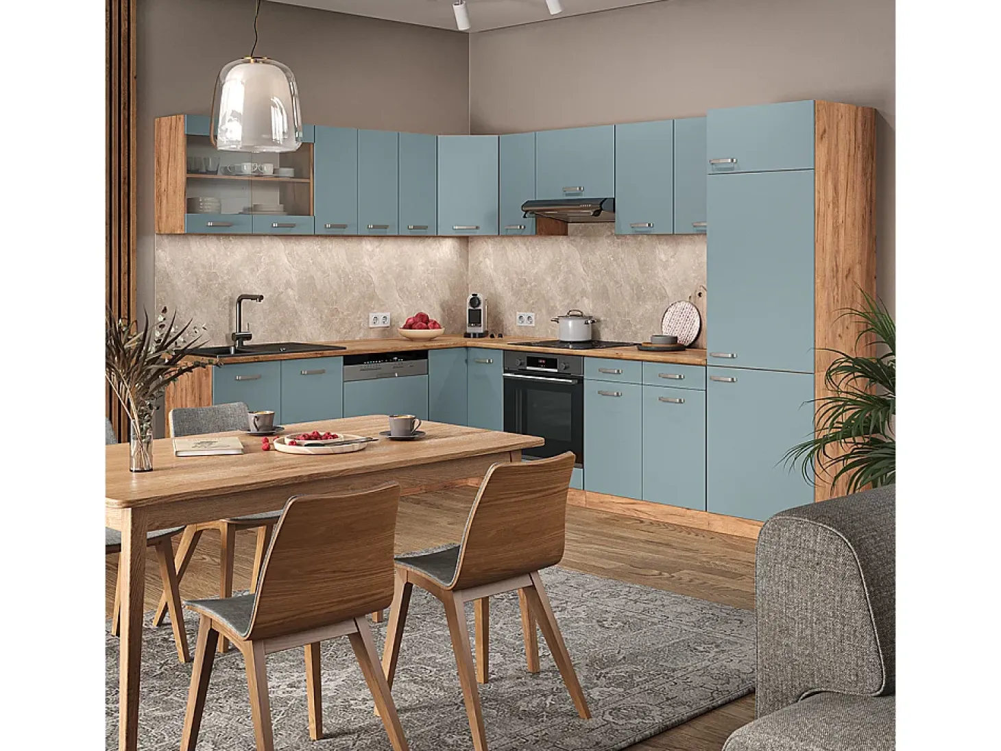 Cocina esquinera roble azul-gris-dorado 287x60x81.6 r-line