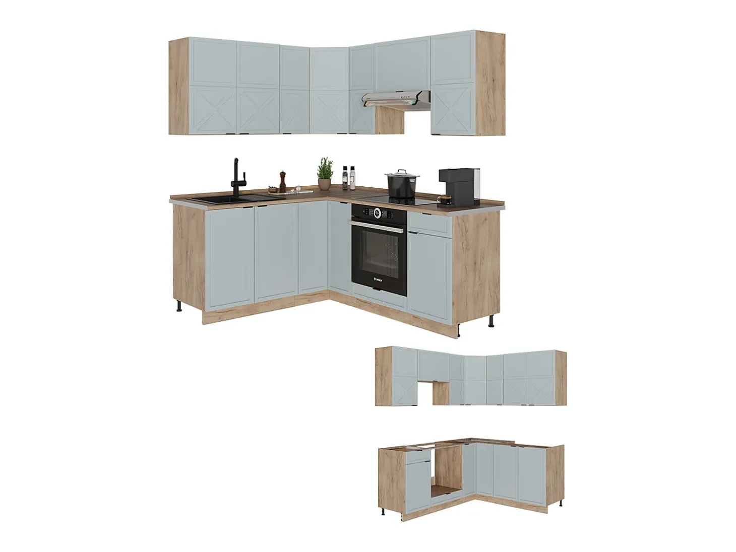 Cocina esquinera roble azul claro/gris dorado 190x60x81.6 fame-line