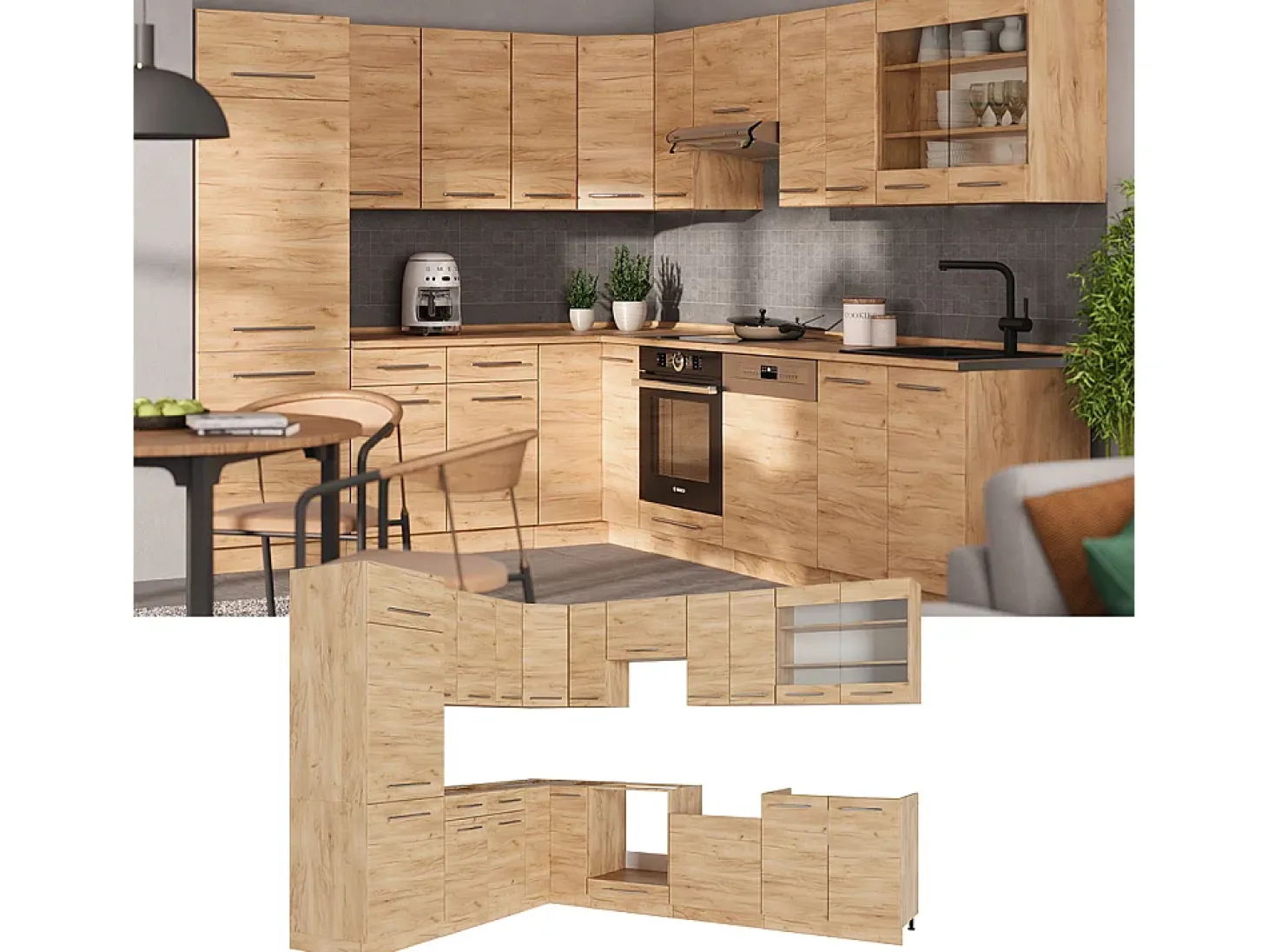 Cocina esquinera roble dorado 287x60x81.6 fame-line