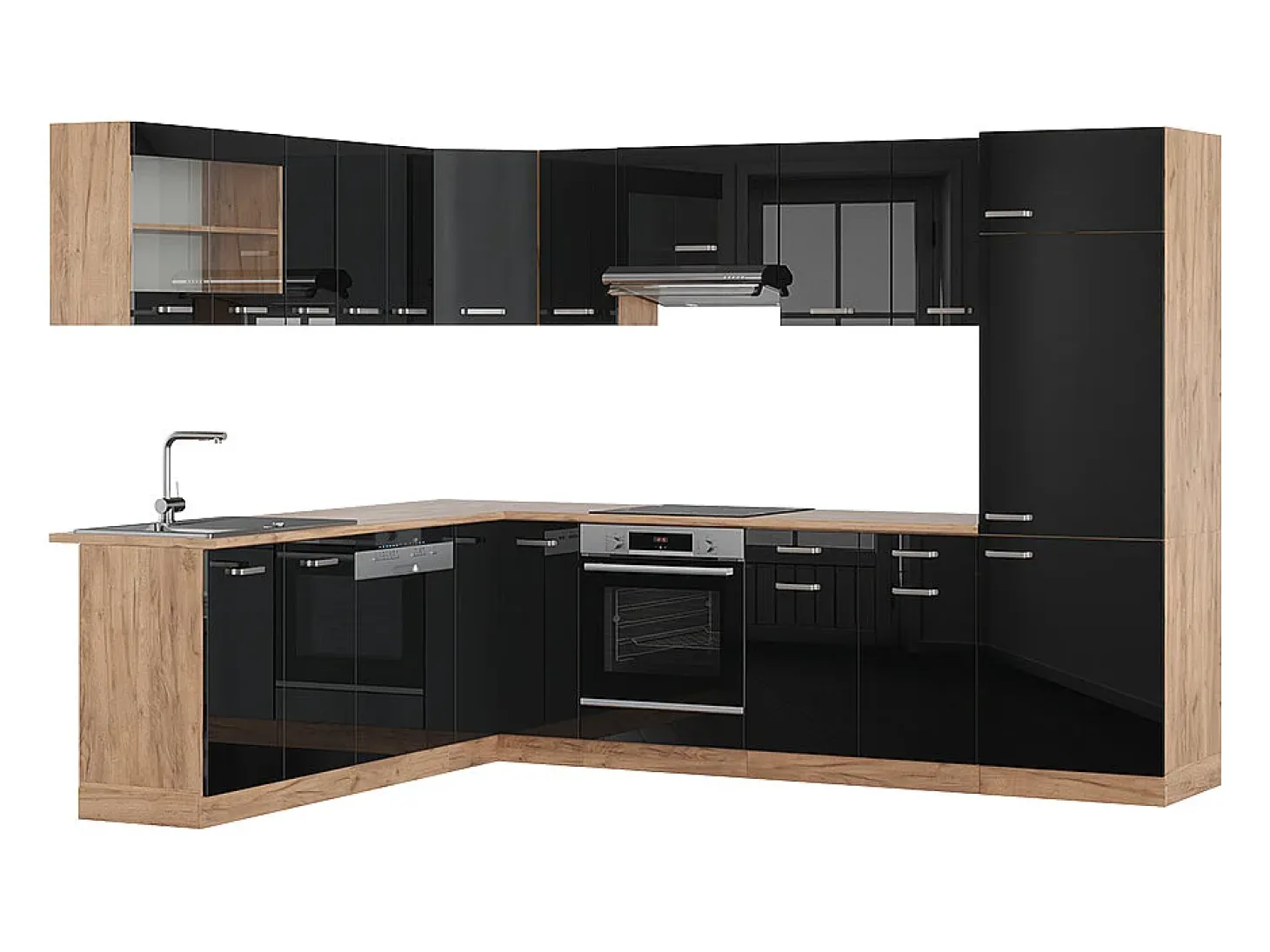 Cocina esquinera roble negro/dorado de alto brillo 287x46x81.6 r-line