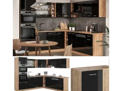 Cocina esquinera roble negro/dorado de alto brillo 247x60x81.6 r-line