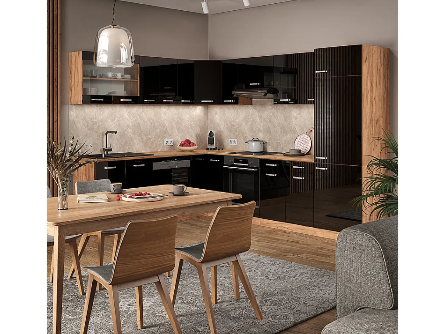 Cocina esquinera roble negro/dorado de alto brillo 287x60x81.6 r-line