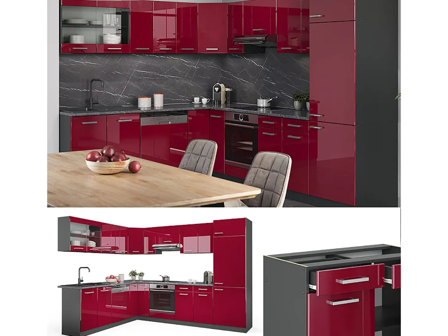Cocina esquinera rojo brillo intenso/antracita 287x46x81.6 r-line
