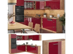 Cocina esquinera rojo brillo intenso/roble dorado 247x60x81.6 r-line