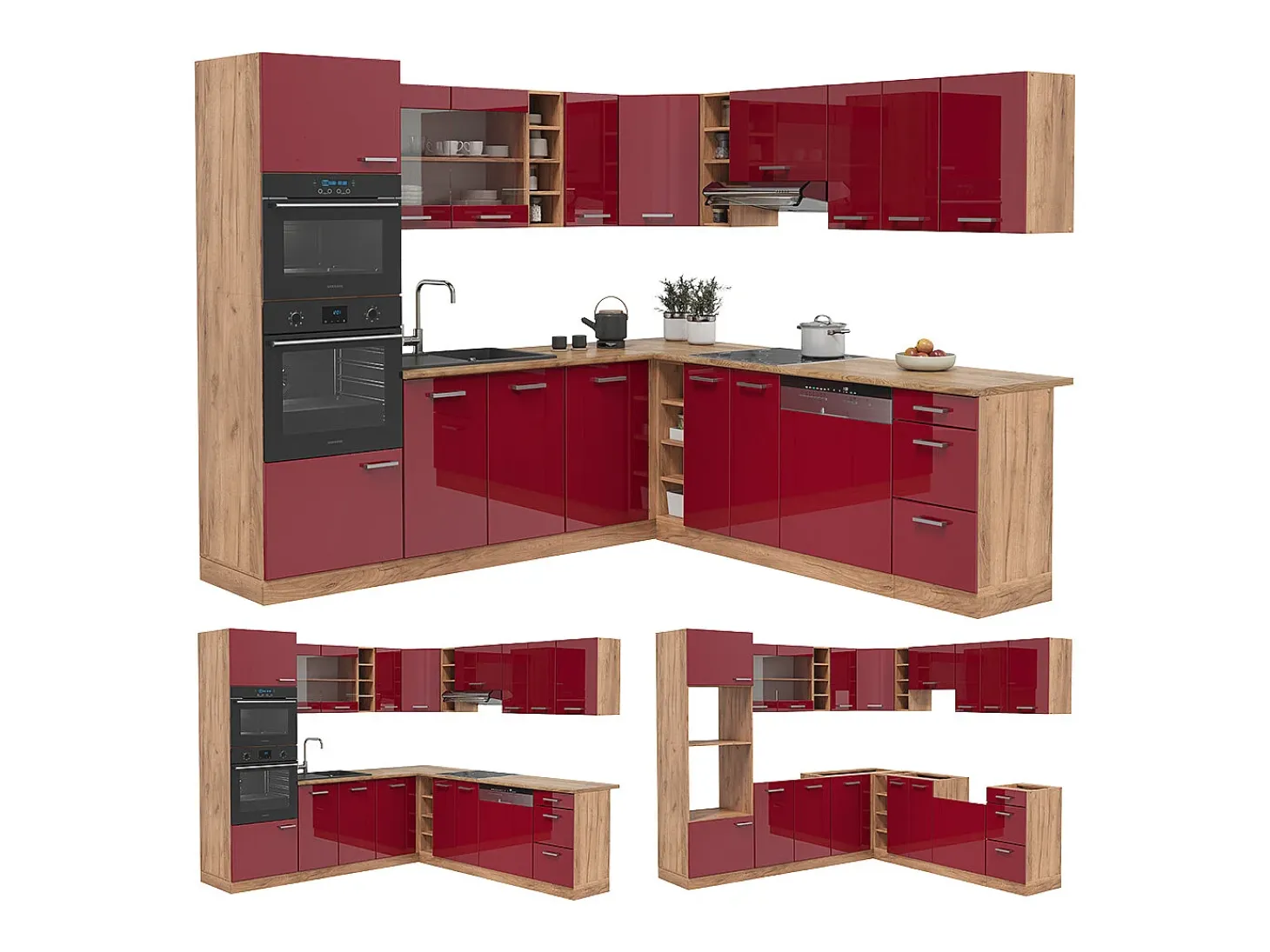 Cocina esquinera rojo brillo intenso/roble dorado 247x46x81.6 r-line