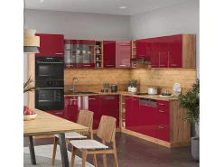 Cocina esquinera rojo brillo intenso/roble dorado 247x60x81.6 r-line