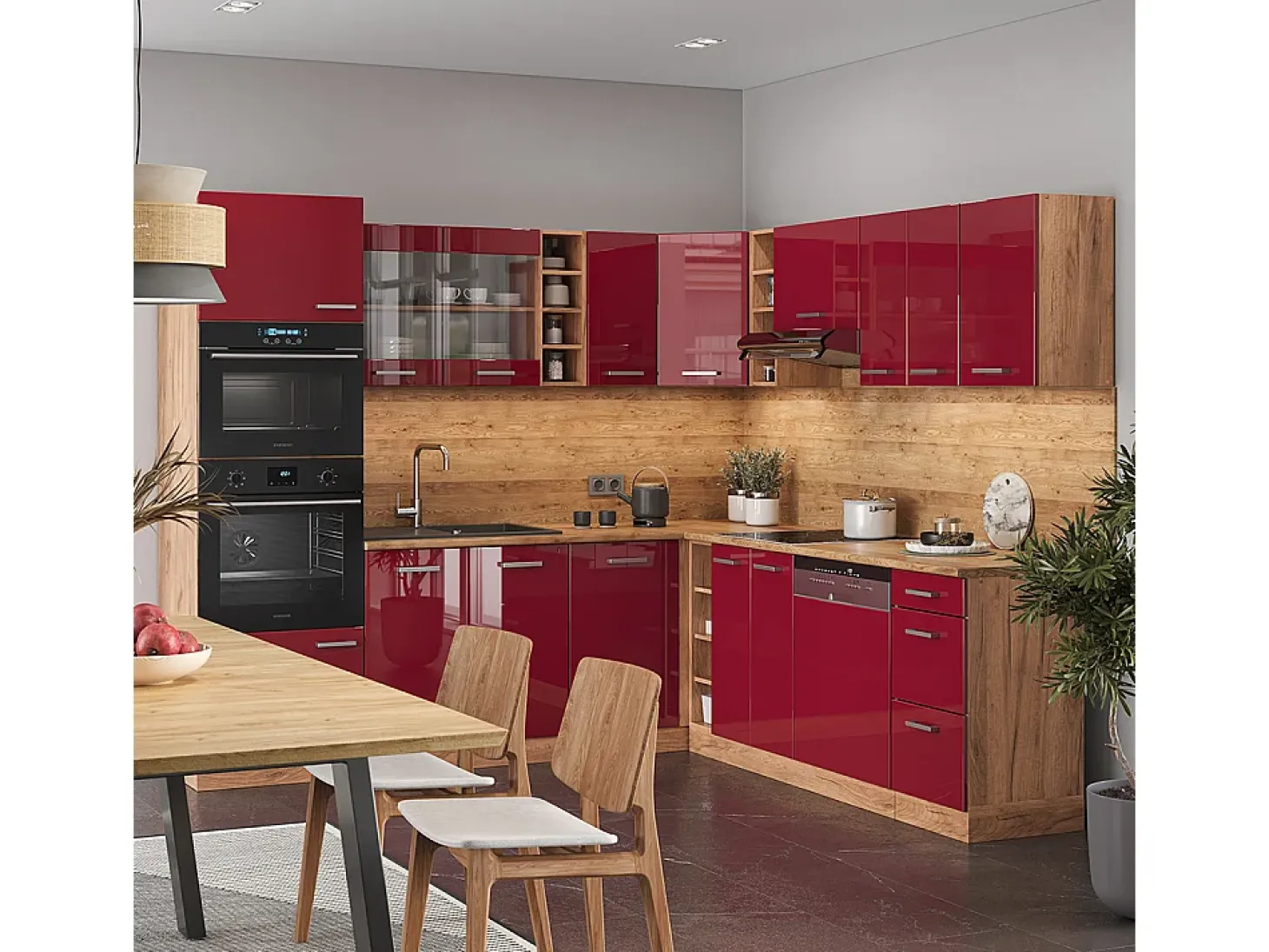 Cocina esquinera rojo brillo intenso/roble dorado 247x60x81.6 r-line