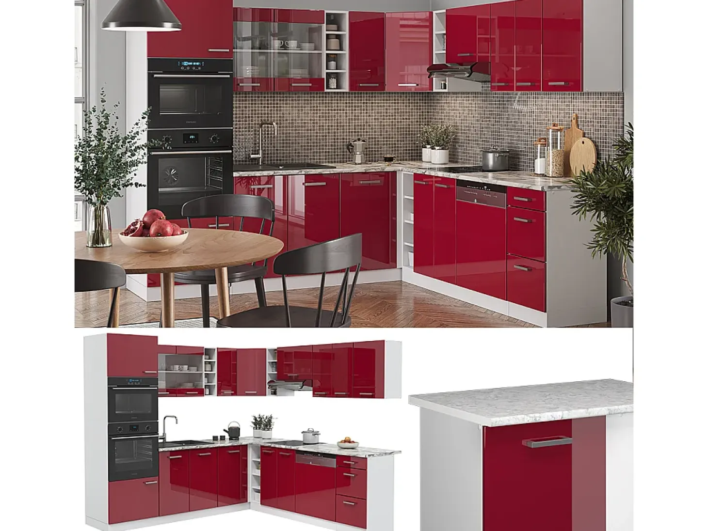 Cocina esquinera rojo brillo intenso/blanco 247x46x81.6 r-line
