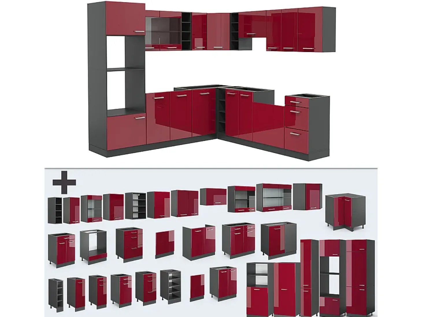Cocina esquinera rojo brillo intenso/antracita 247x60x81.6 r-line