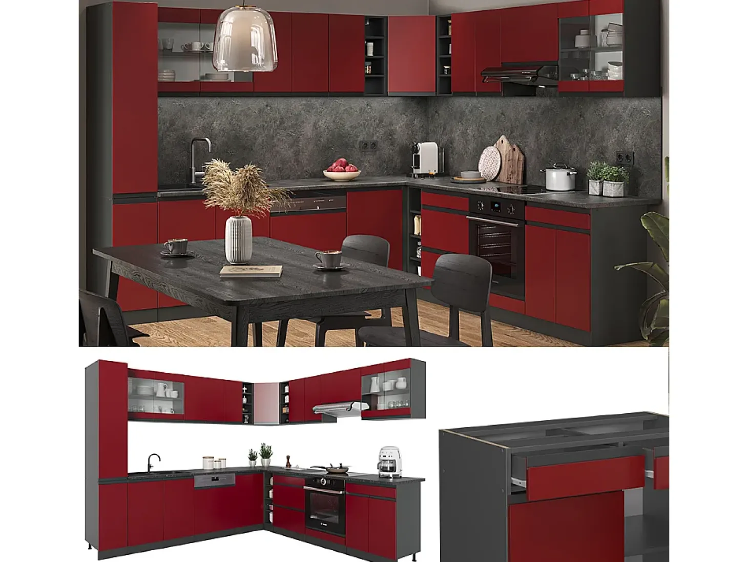 Cocina esquinera rojo 257x46x81.6 r-line