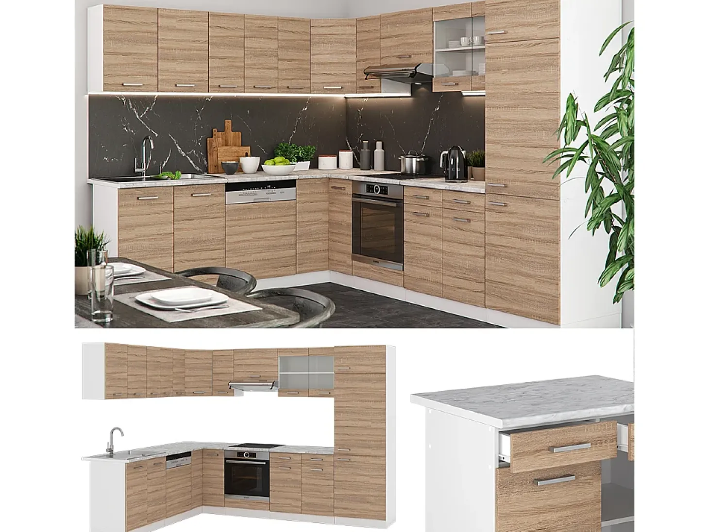 Cocina esquinera sonoma 287x60x81.6 r-line