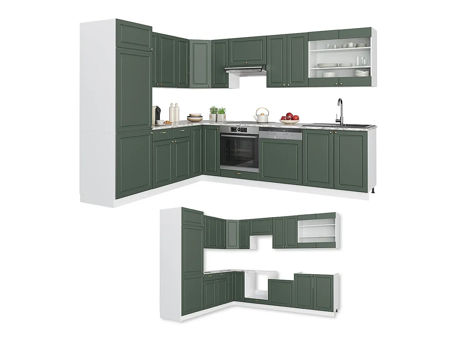 Cocina esquinera verde-dorado casa de campo/blanco 287x60x81.6 fame-line