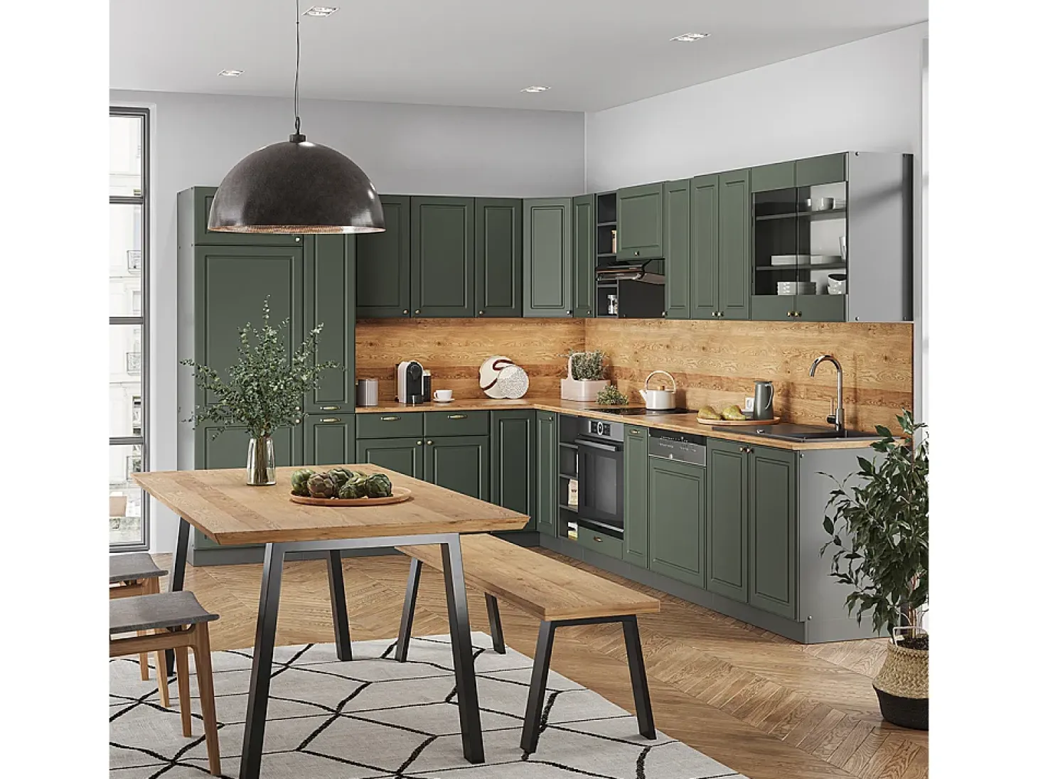 Cocina esquinera verde-dorado casa de campo/antracita 347x60x81.6 fame-line