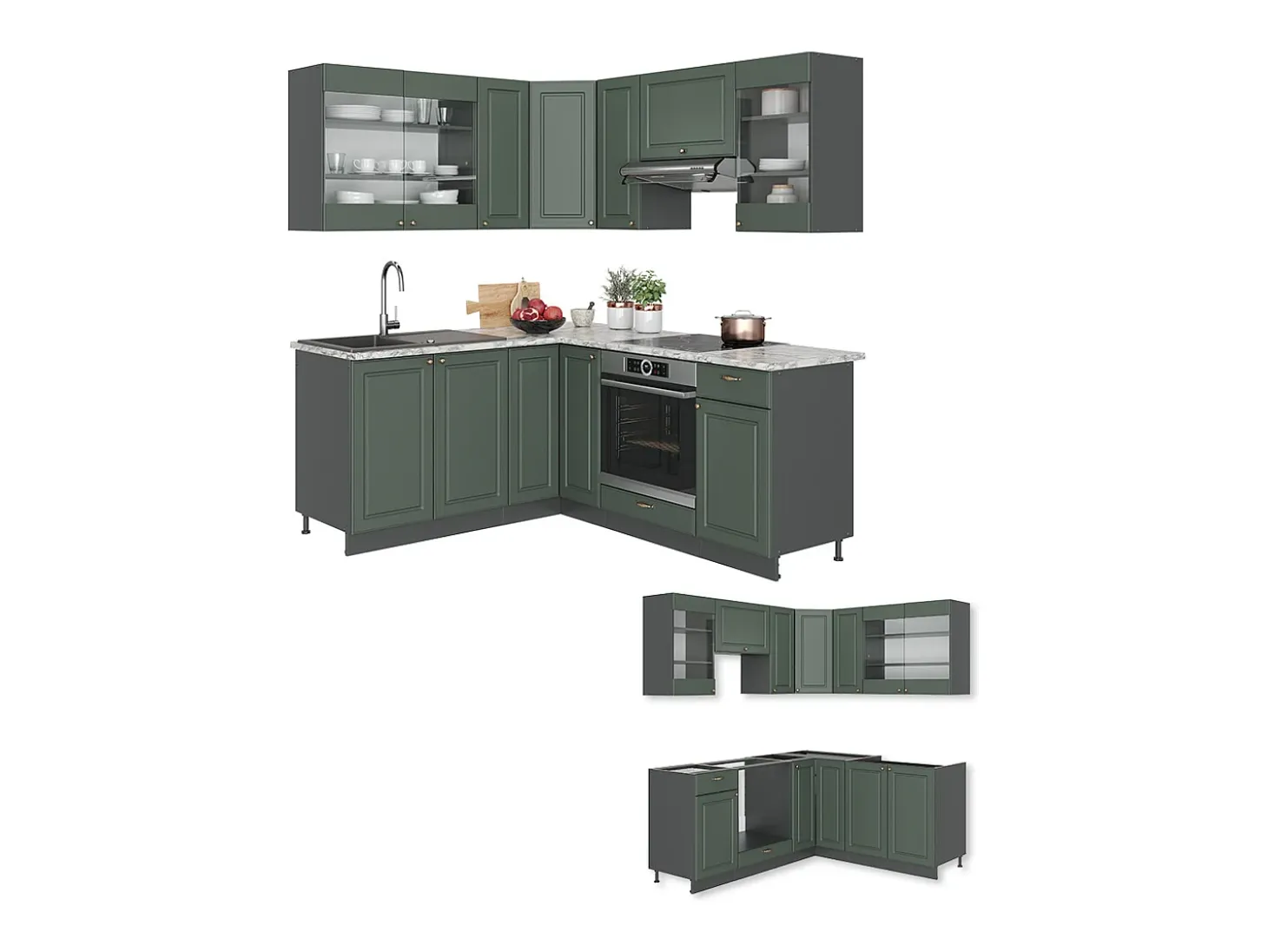 Cocina esquinera verde-dorado casa de campo/antracita 190x60x81.6 fame-line