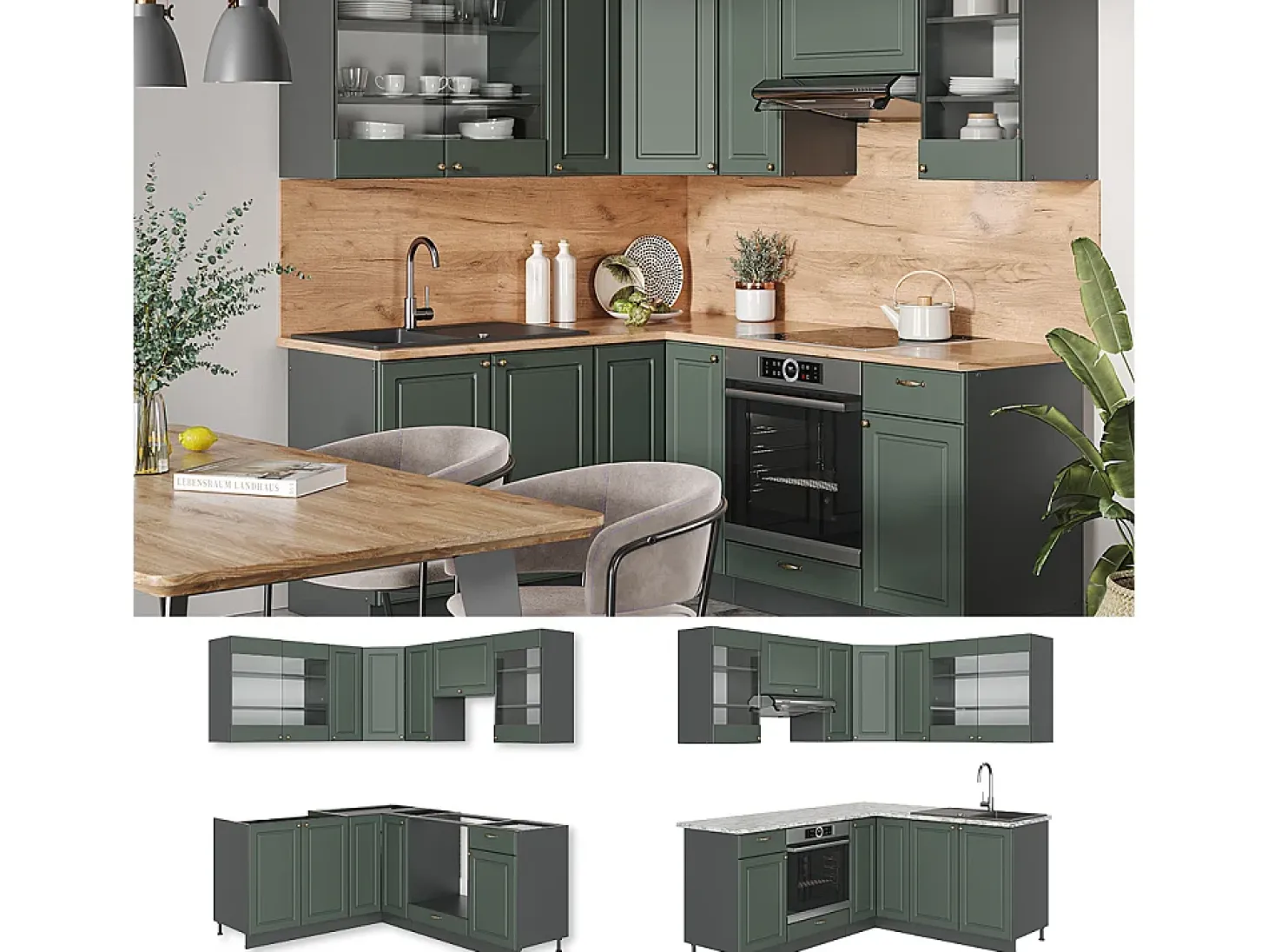 Cocina esquinera verde-dorado casa de campo/antracita 190x60x81.6 fame-line