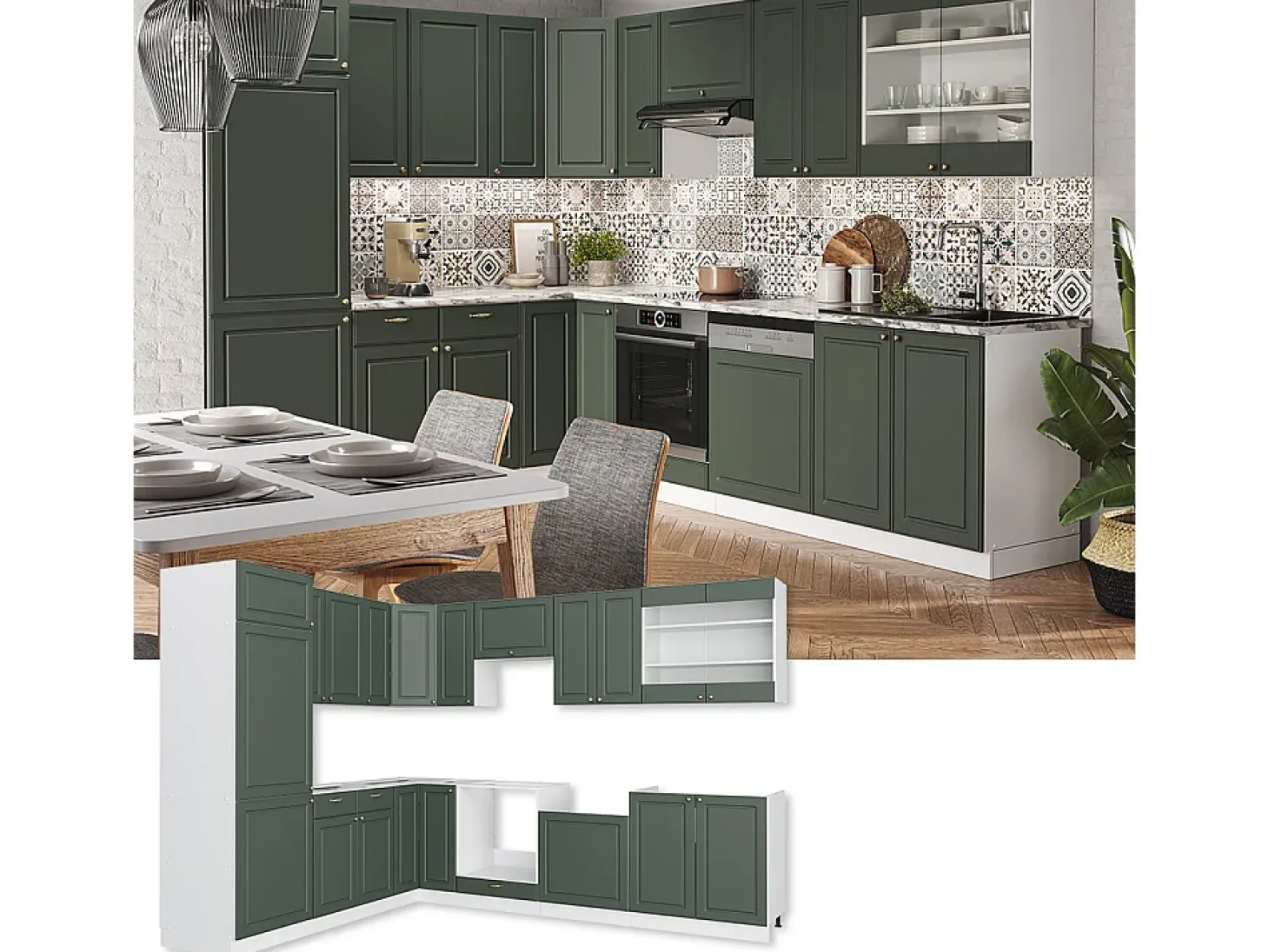 Cocina esquinera verde-dorado casa de campo/blanco 287x46x81.6 fame-line