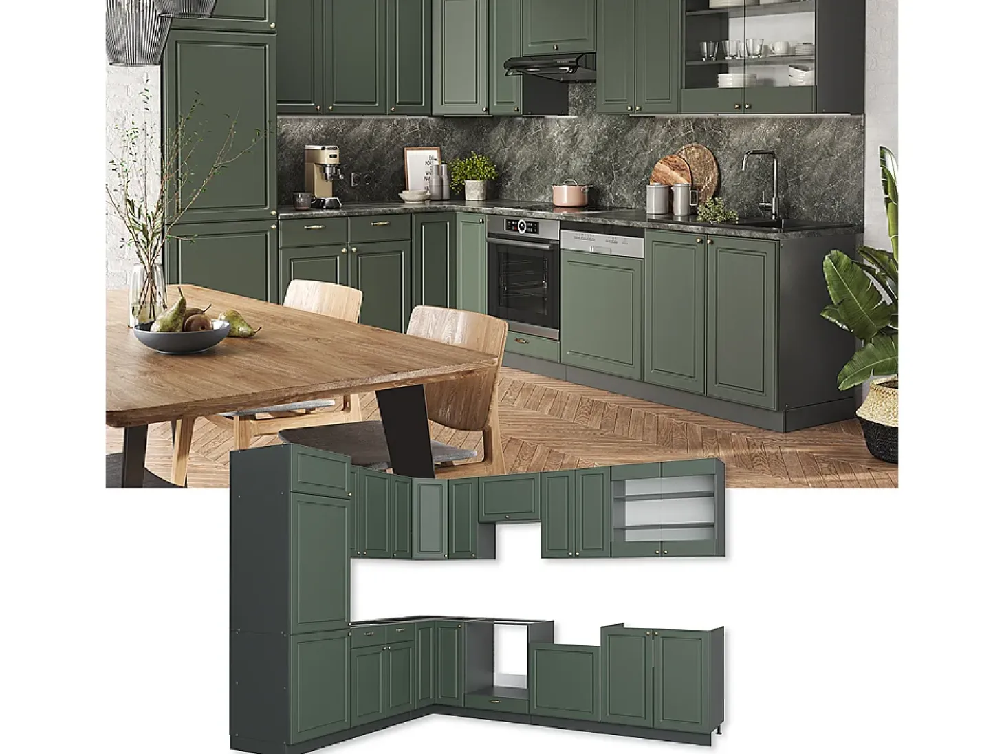 Cocina esquinera verde-dorado casa de campo/antracita 287x46x81.6 fame-line