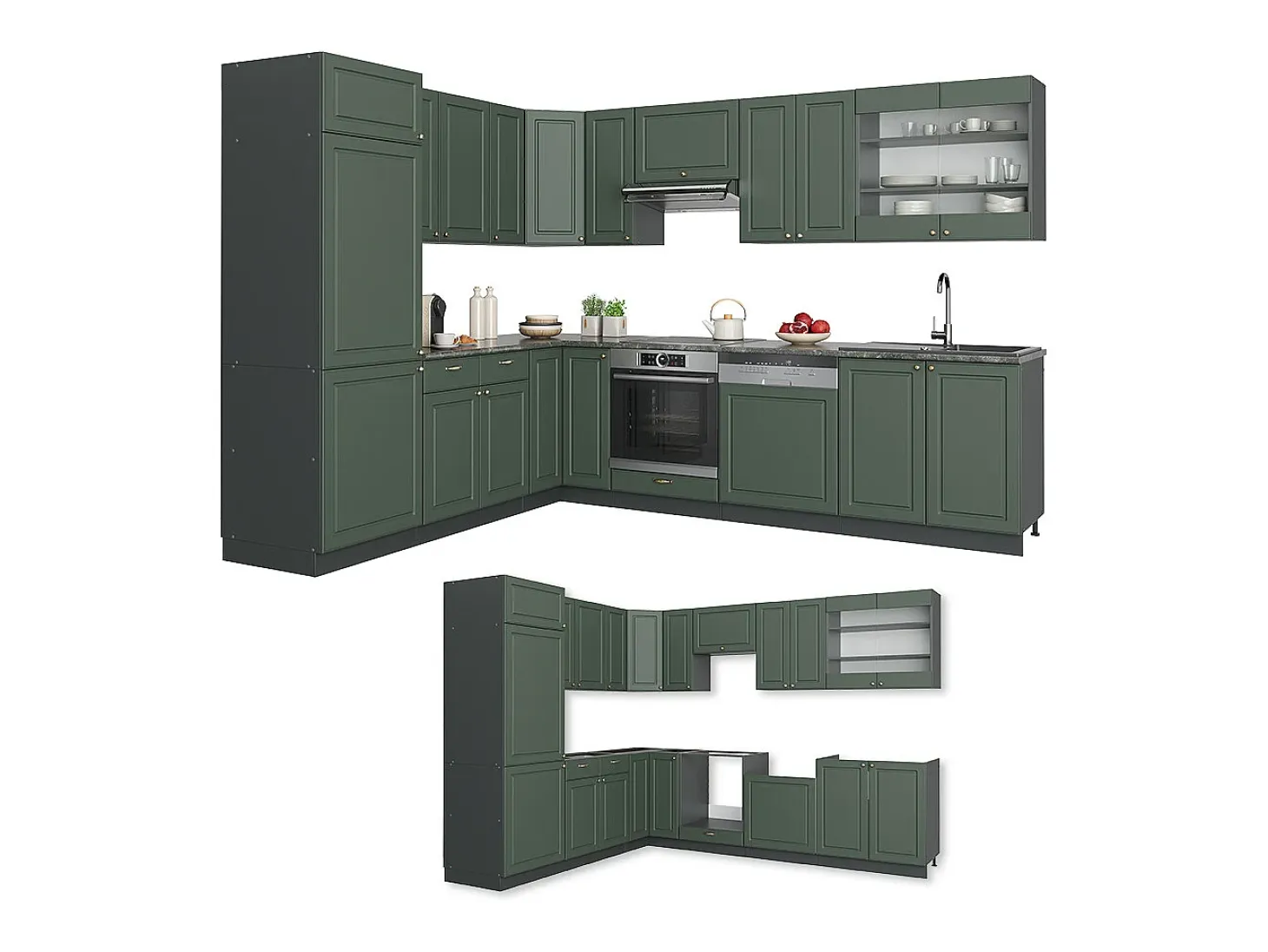 Cocina esquinera verde-dorado casa de campo/antracita 287x46x81.6 fame-line