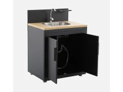 Cocina exterior de acero y decoración de madera 1 fregadero 2 puerta