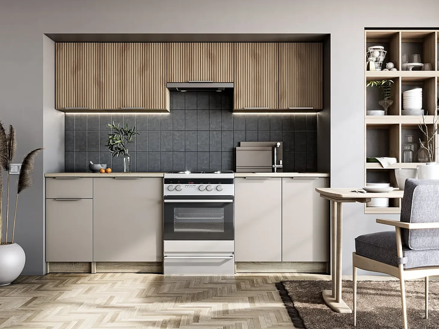 Cocina gris ceniza con aspecto de roble Sonoma 240 cm Psyché