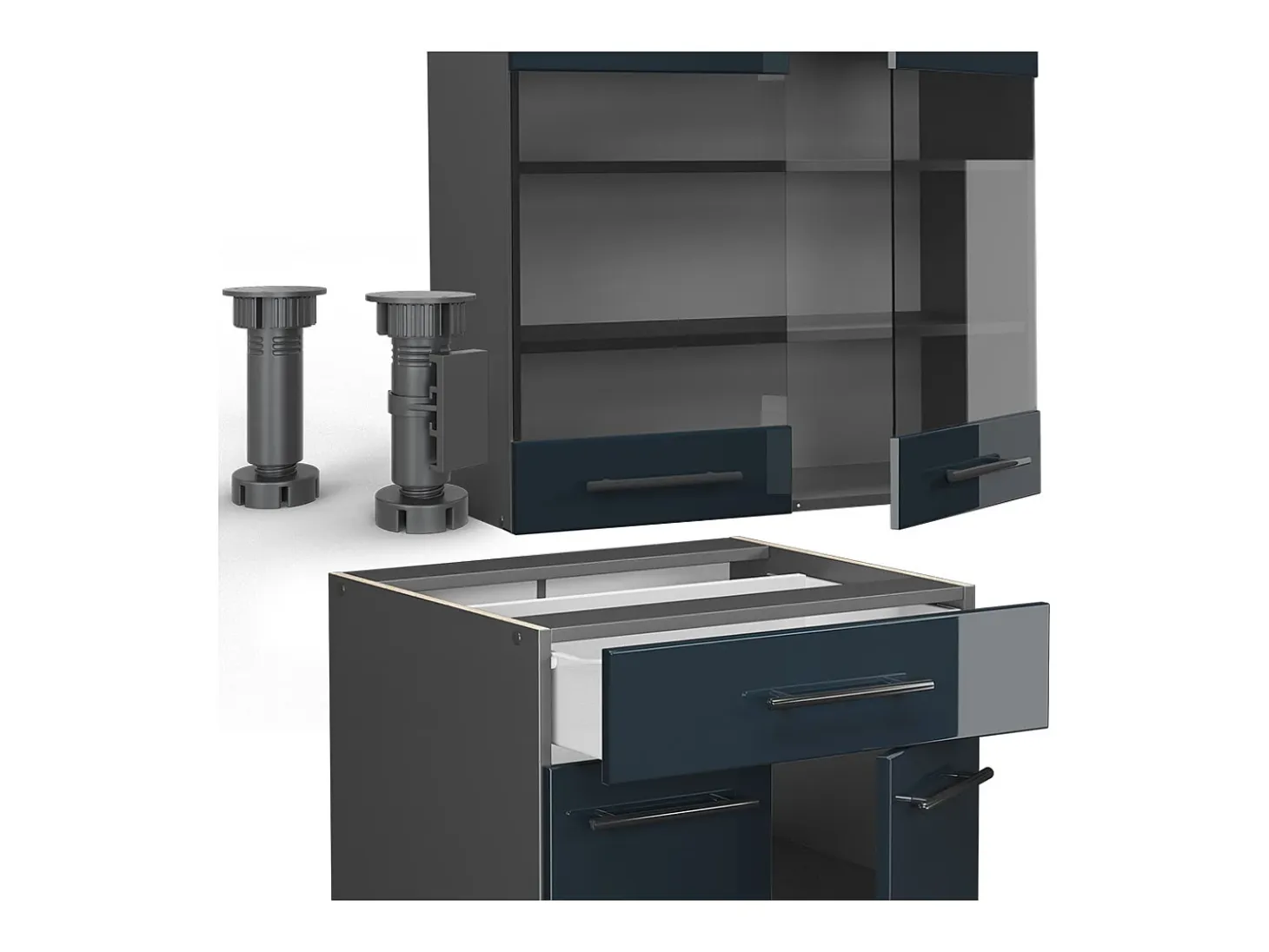 Cocina individual azul oscuro alto brillo/antracita 140x60x81.6 fame-line