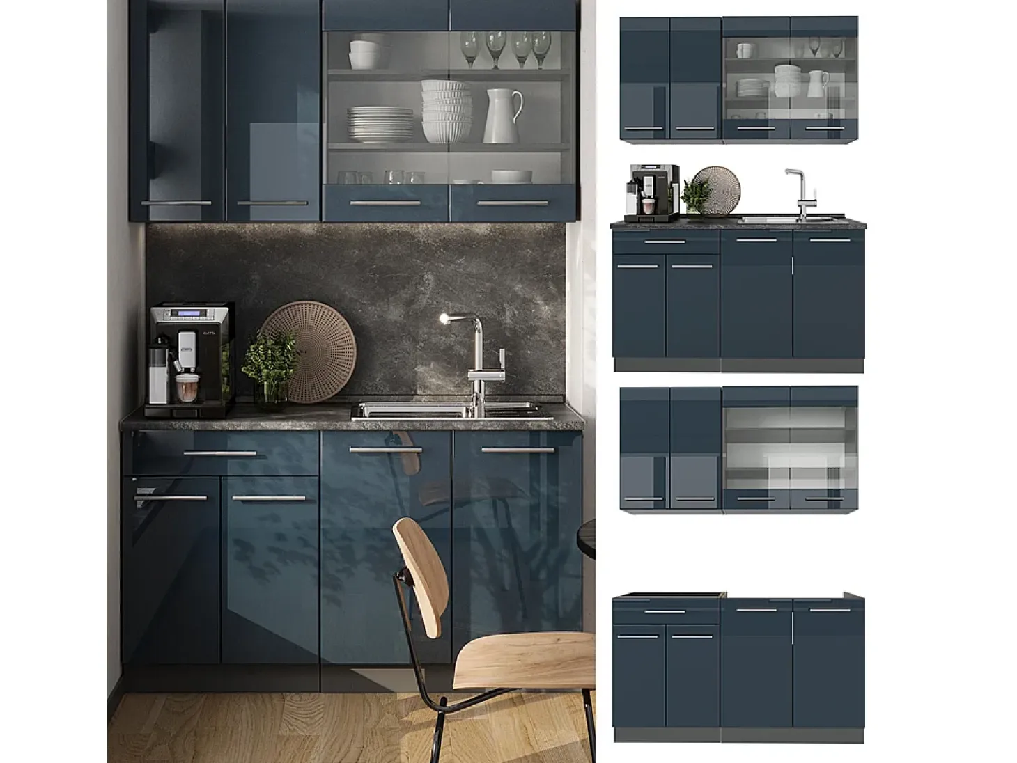 Cocina individual azul oscuro alto brillo/antracita 140x60x81.6 fame-line