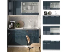 Cocina individual azul oscuro alto brillo/blanco 140x46x81.6 fame-line