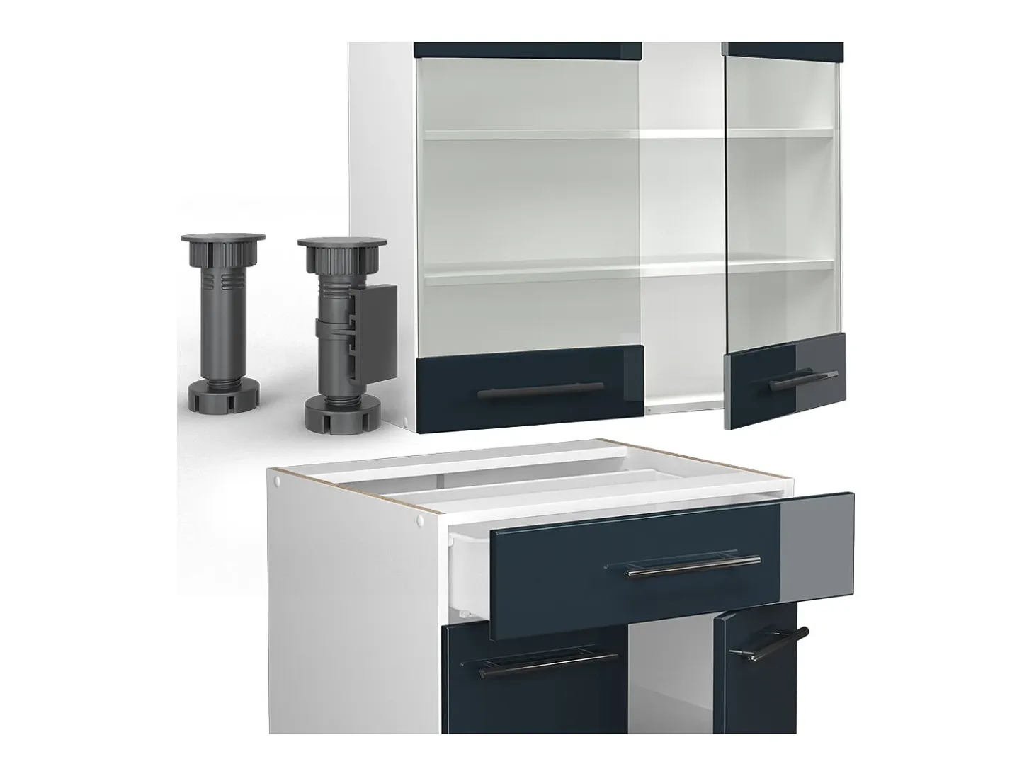 Cocina individual azul oscuro alto brillo/blanco 140x46x81.6 fame-line