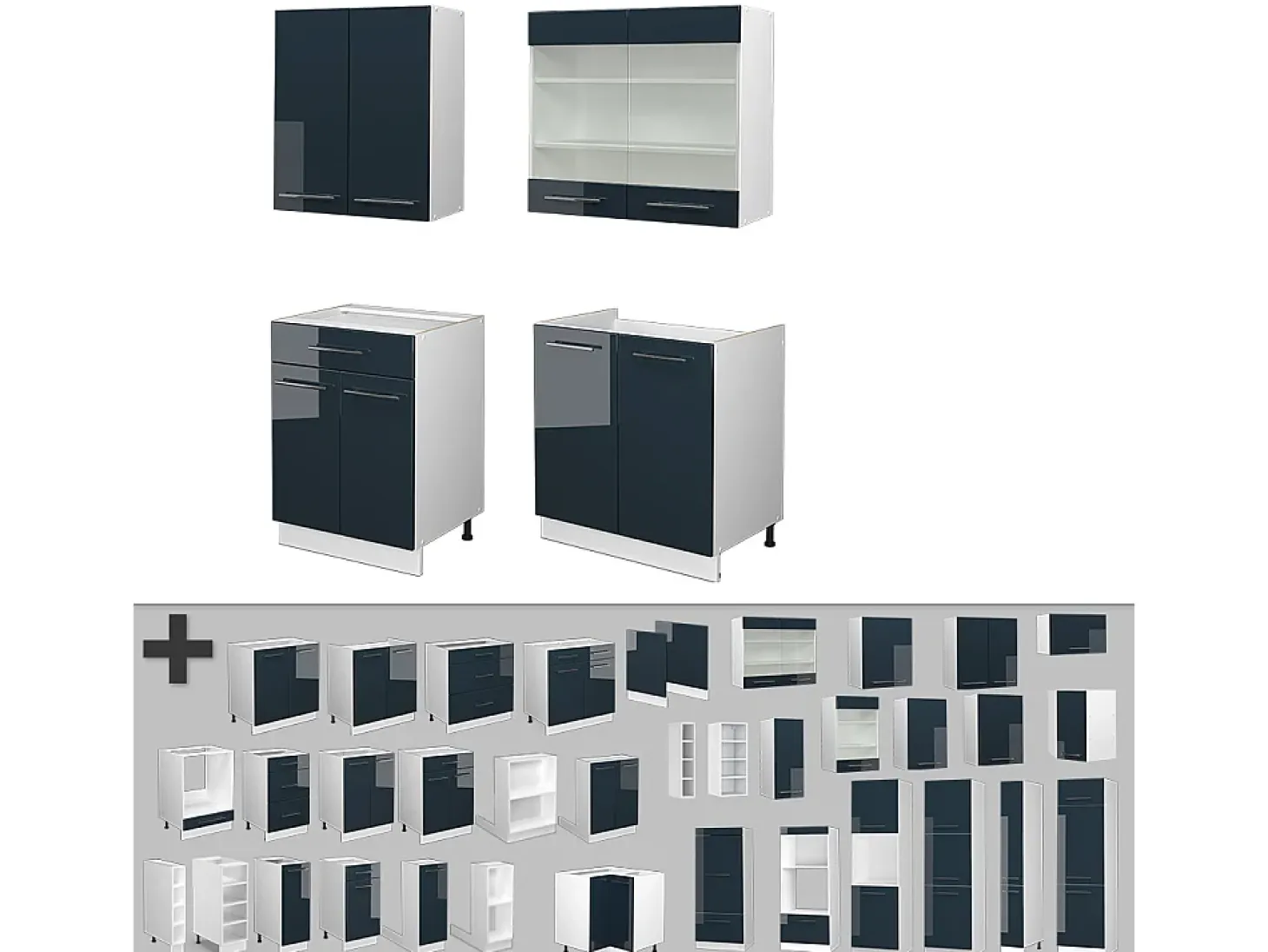 Cocina individual azul oscuro alto brillo/blanco 140x46x81.6 fame-line
