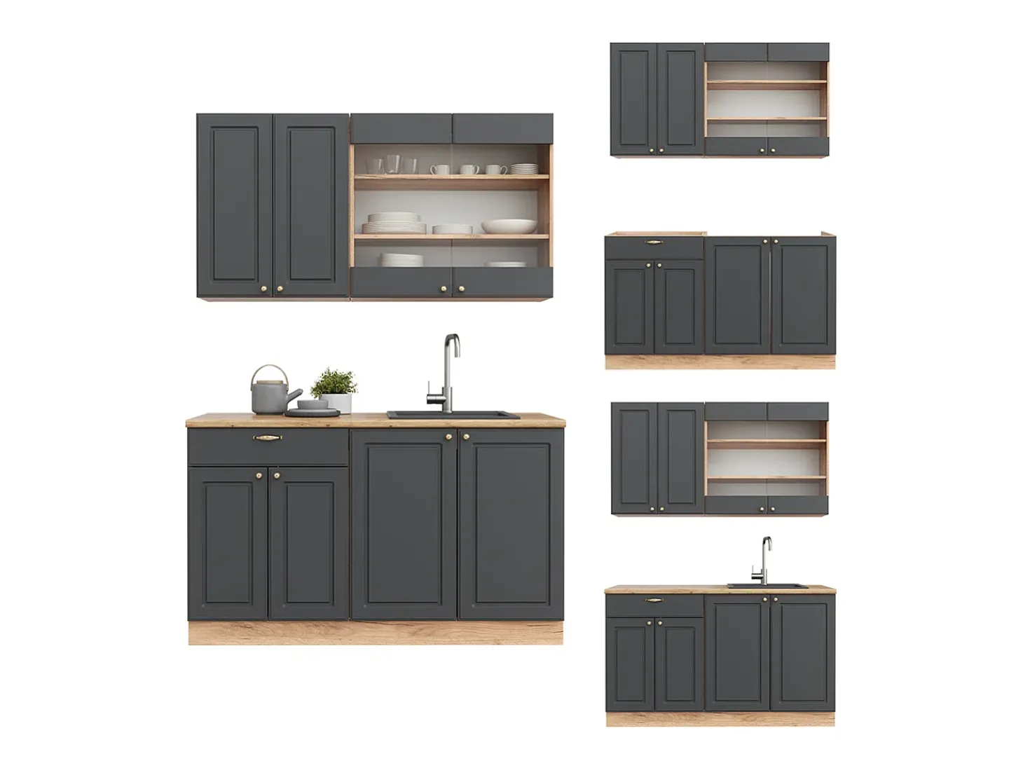 Cocina para solteros antracita casa de campo/roble kraft dorado 140x46x81.6 fame-line