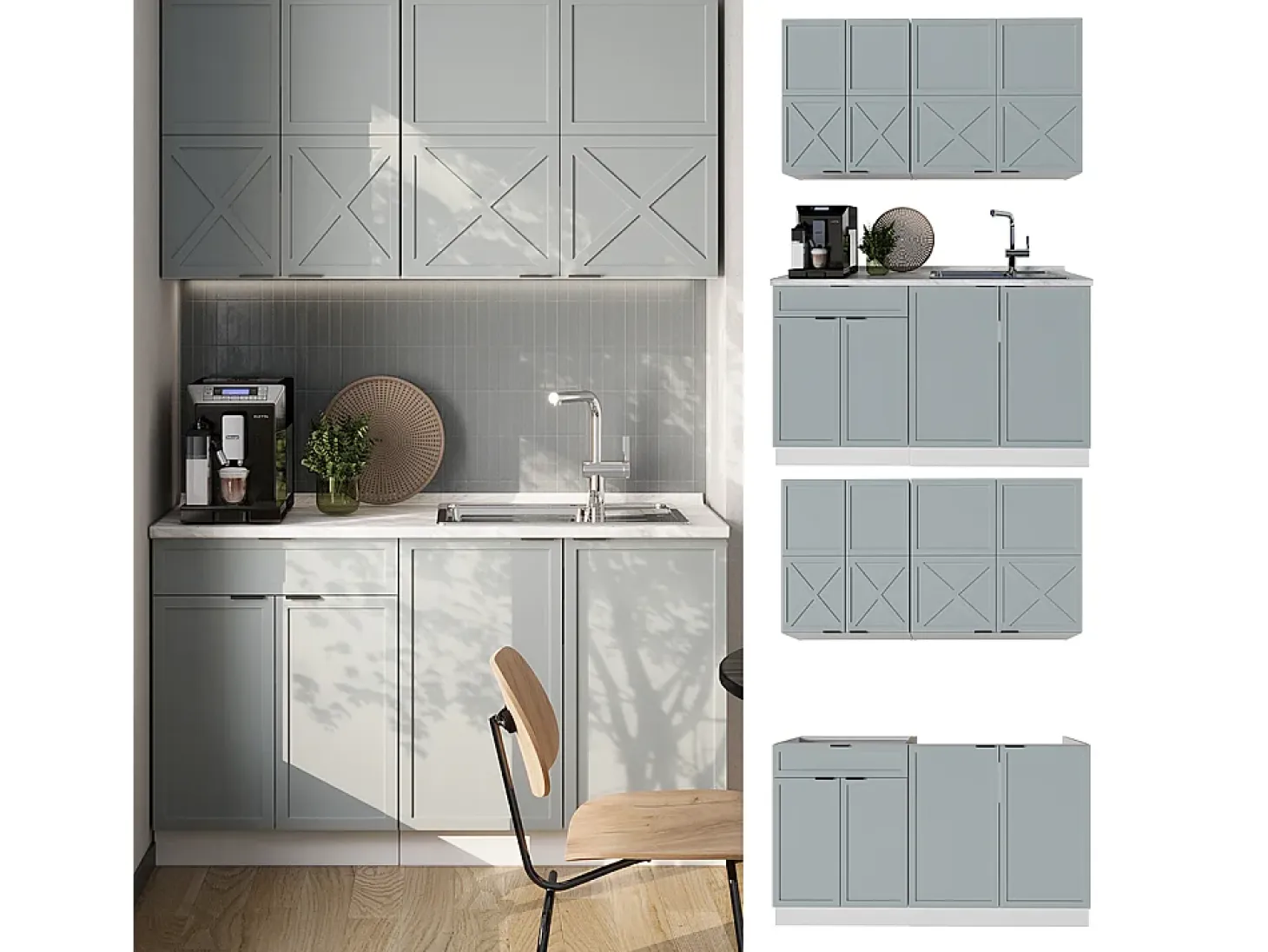 Cocina para solteros azul claro-gris-blanco 140x60x81.6 fame-line