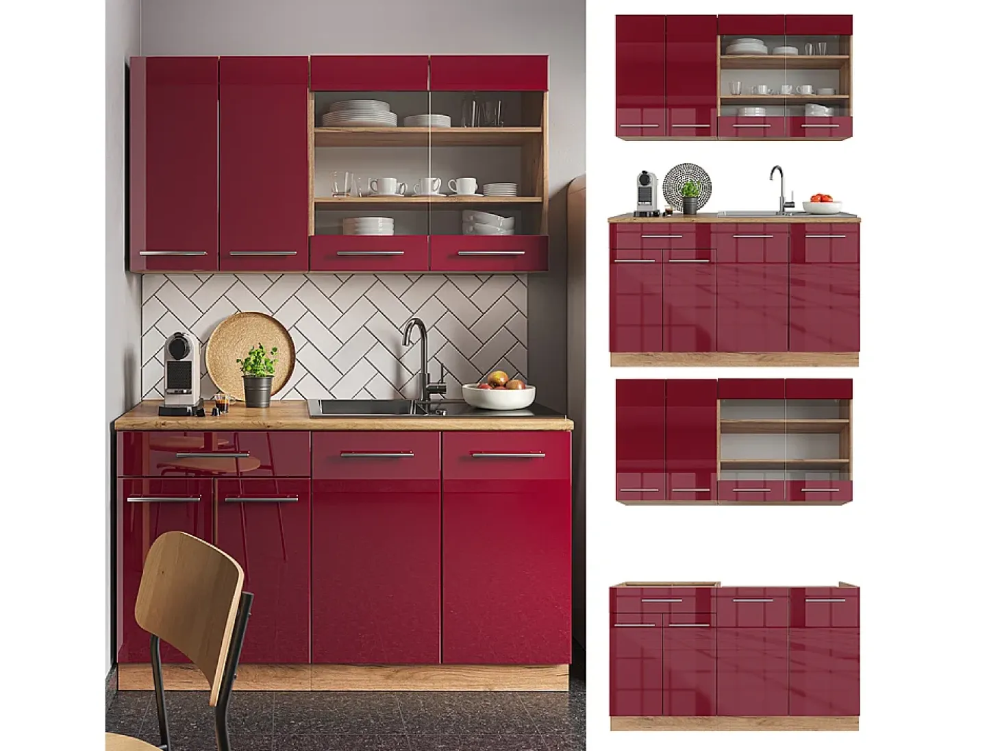 Cocina para solteros burdeos brillo intenso/roble dorado 140x60x81.6 fame-line