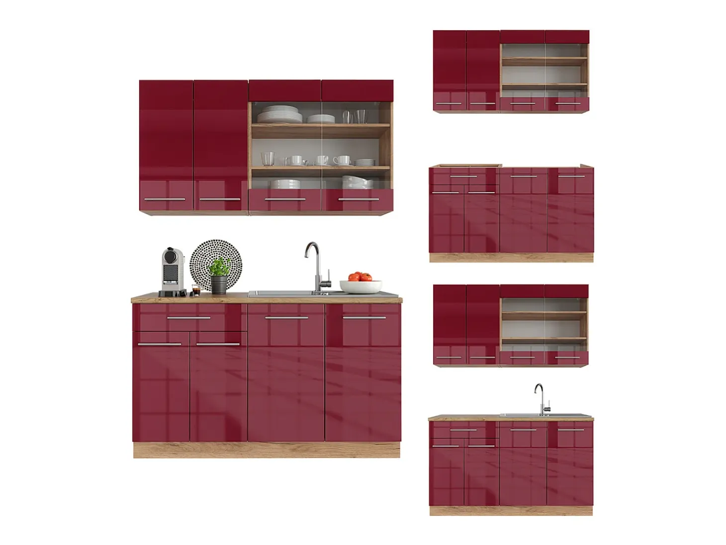 Cocina para solteros burdeos brillo intenso/roble dorado 140x46x81.6 fame-line