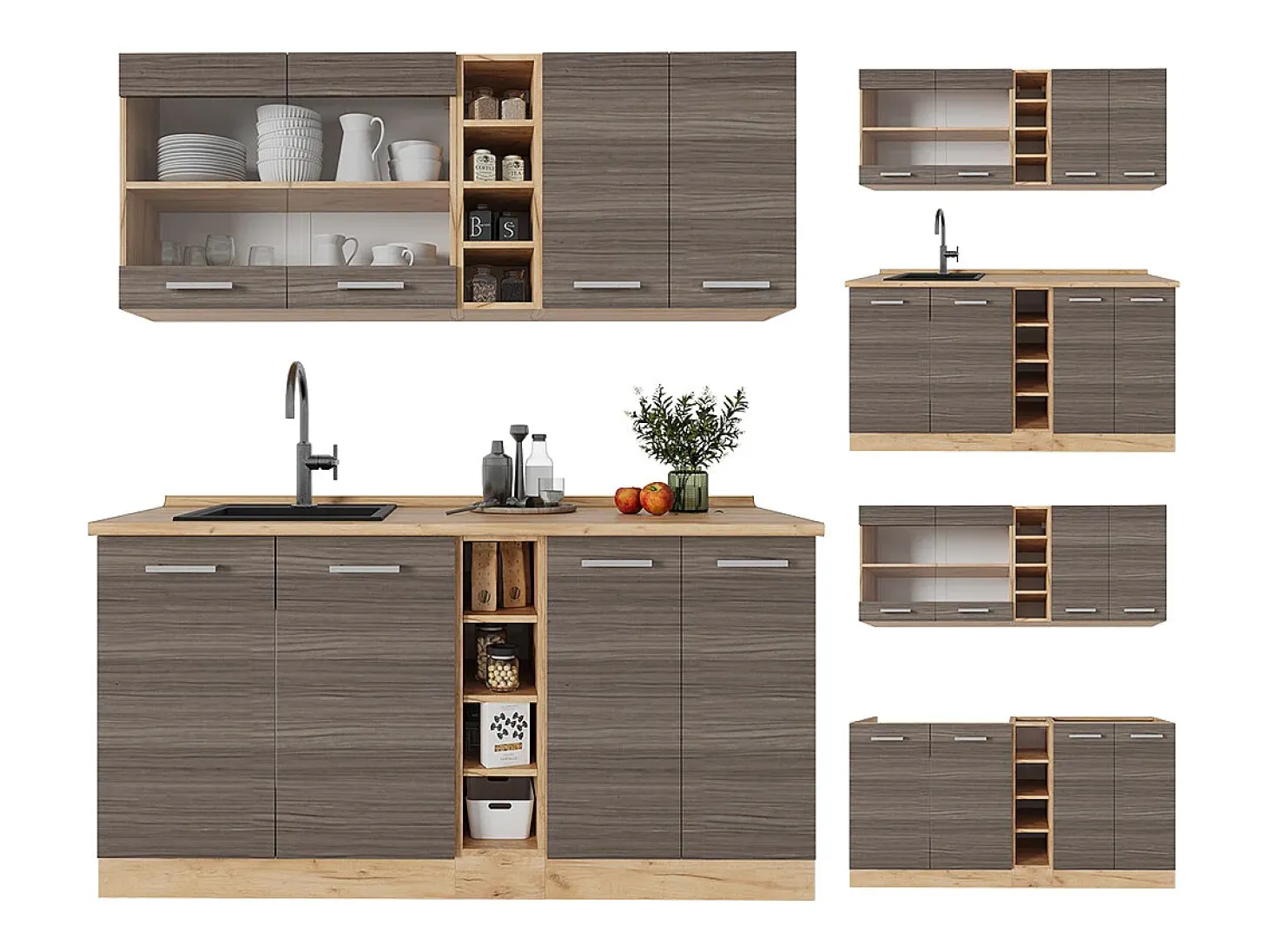 Cocina para solteros gris noble/roble dorado 160x46x81.6 r-line