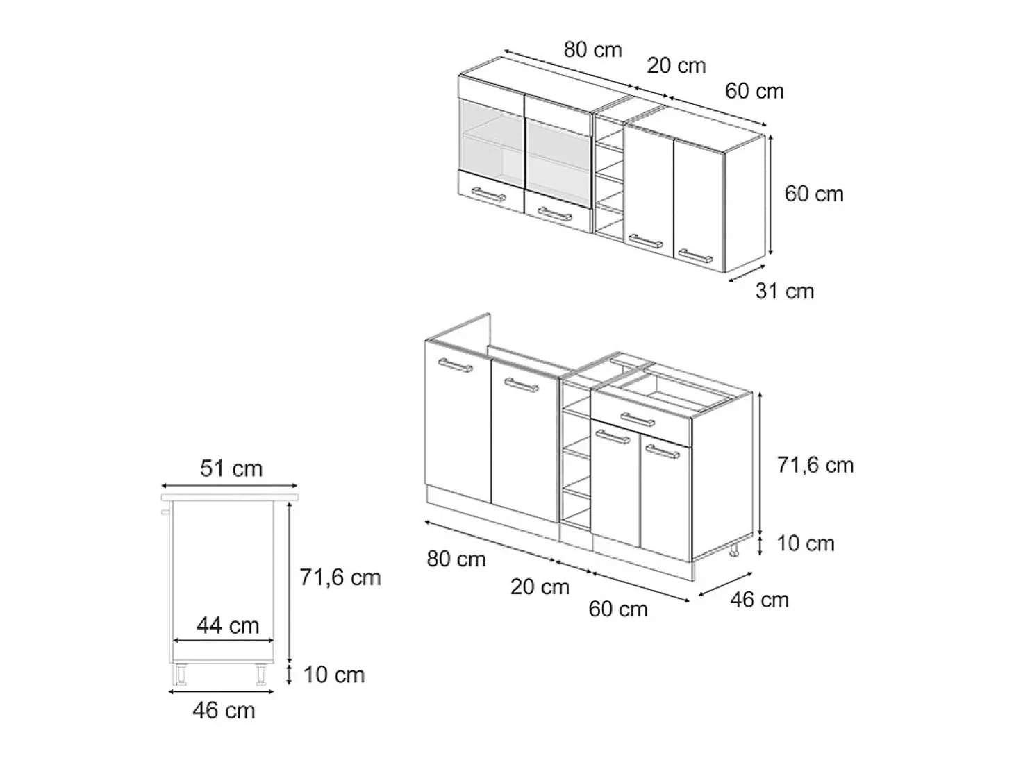Cocina para solteros negro brillo/blanco 160x60x81.6 r-line