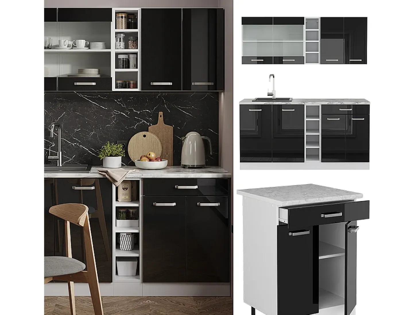 Cocina para solteros negro brillo/blanco 160x60x81.6 r-line