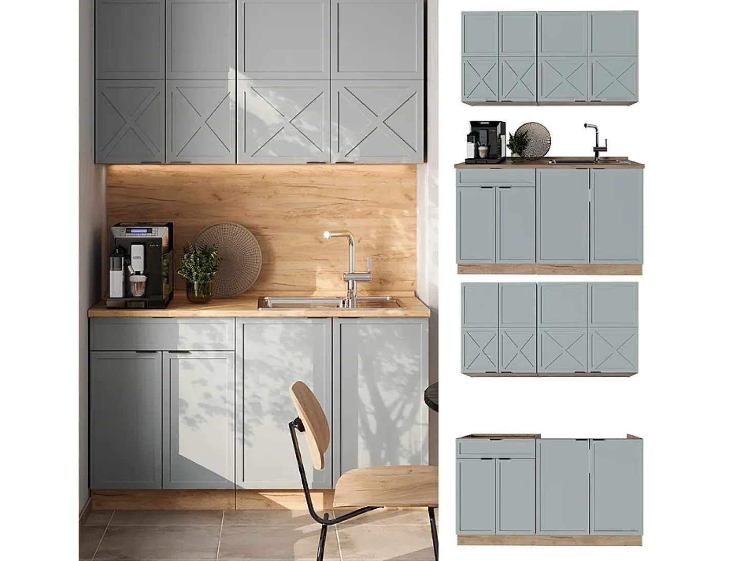 Cocina para solteros roble azul claro/gris dorado 140x46x81.6 fame-line