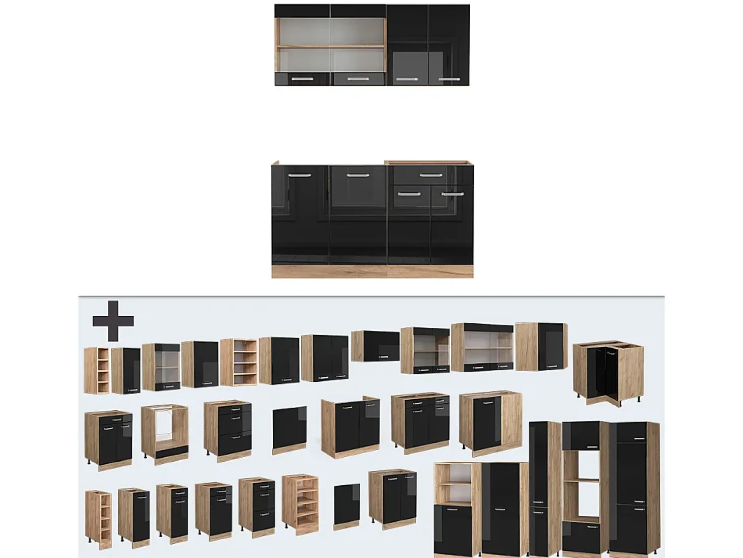 Cocina para solteros roble negro/dorado de alto brillo 140x46x81.6 r-line