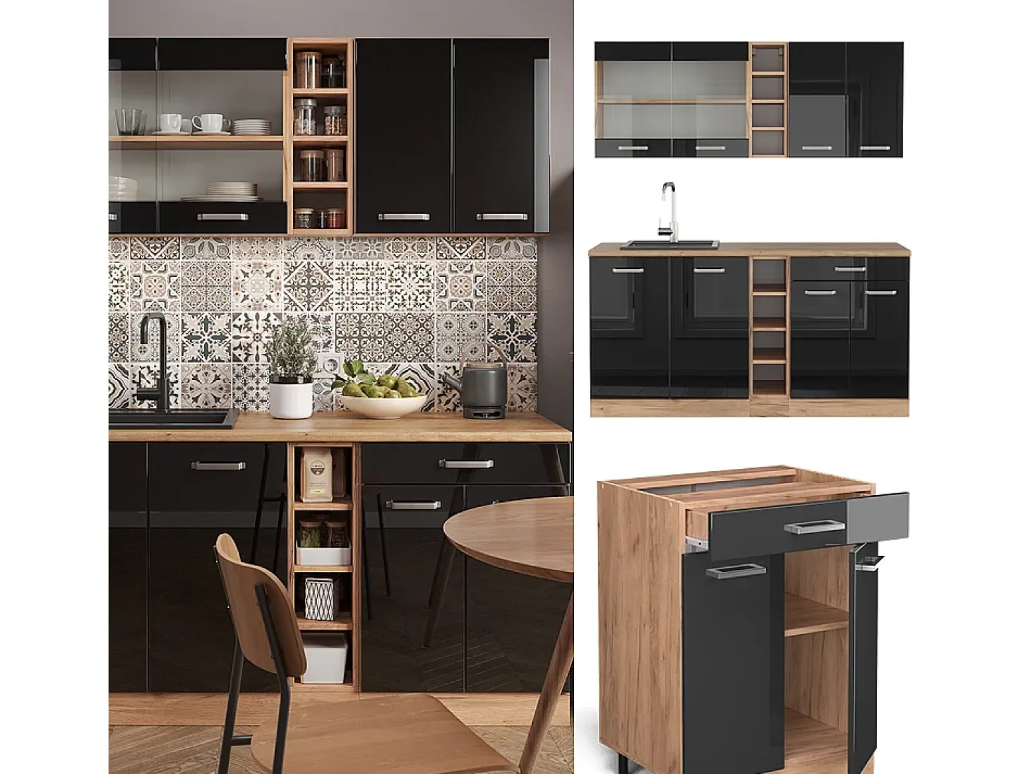 Cocina para solteros roble negro/dorado de alto brillo 160x46x81.6 r-line