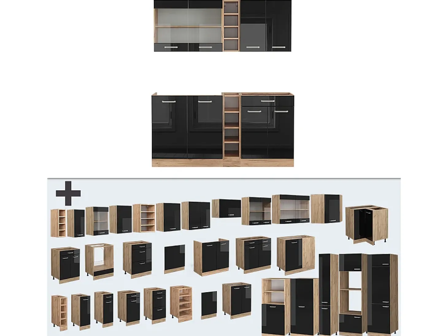 Cocina para solteros roble negro/dorado de alto brillo 160x46x81.6 r-line