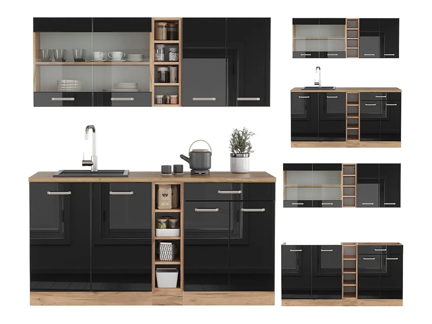 Cocina para solteros roble negro/dorado de alto brillo 160x46x81.6 r-line
